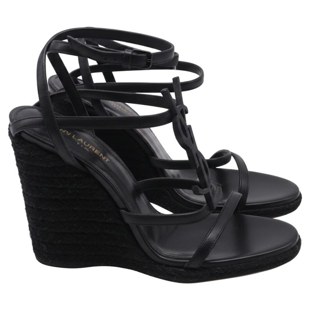 Saint Laurent Cassandra Espadrille 105 Wedges in Black Calfskin Leather